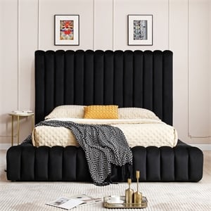 Avalon Velvet Upholstered Queen Platform Bed in Black