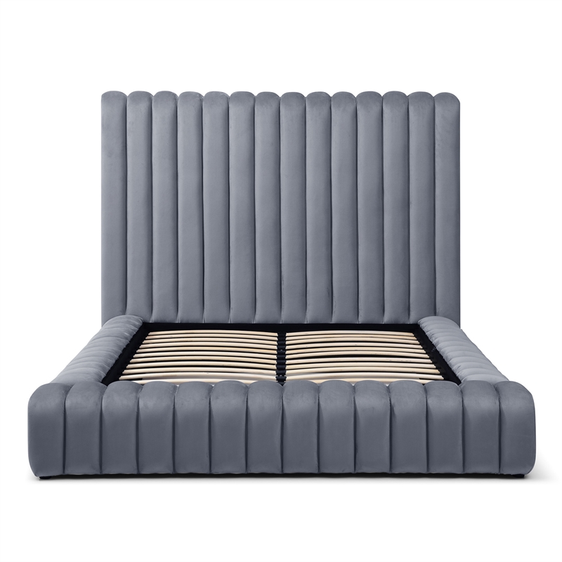 Avalon Velvet Upholstered Queen Platform Bed in Gray