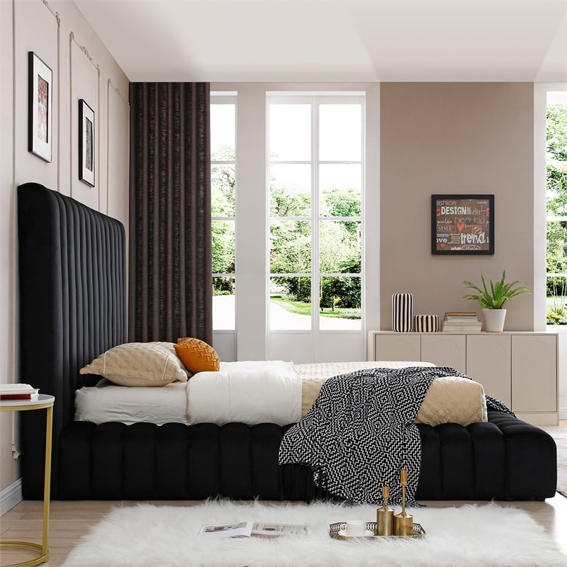 Avalon Velvet Upholstered King Platform Bed in Black
