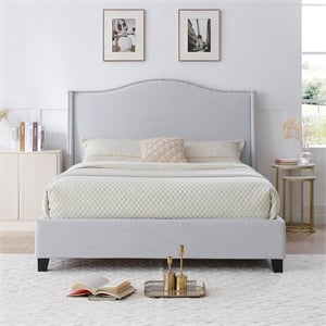 Hampton Linen Fabric Upholstered Full Platform Bed in Light Blue