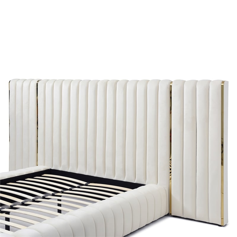 Avalon Velvet Upholstered Queen Platform Bed with Wings in Cream