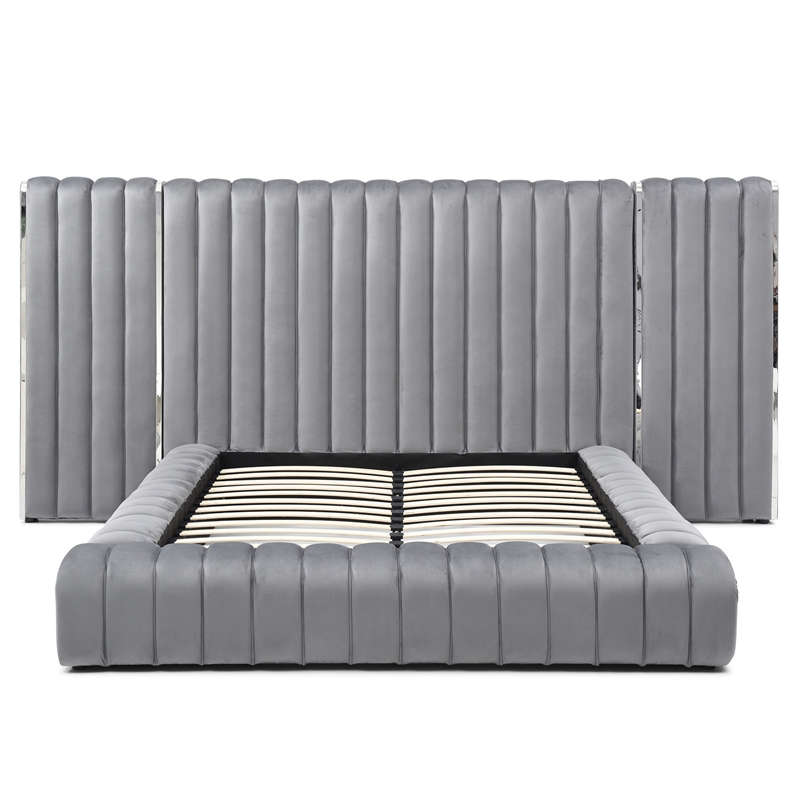 Avalon Velvet Upholstered Queen Platform Bed with Wings in Gray
