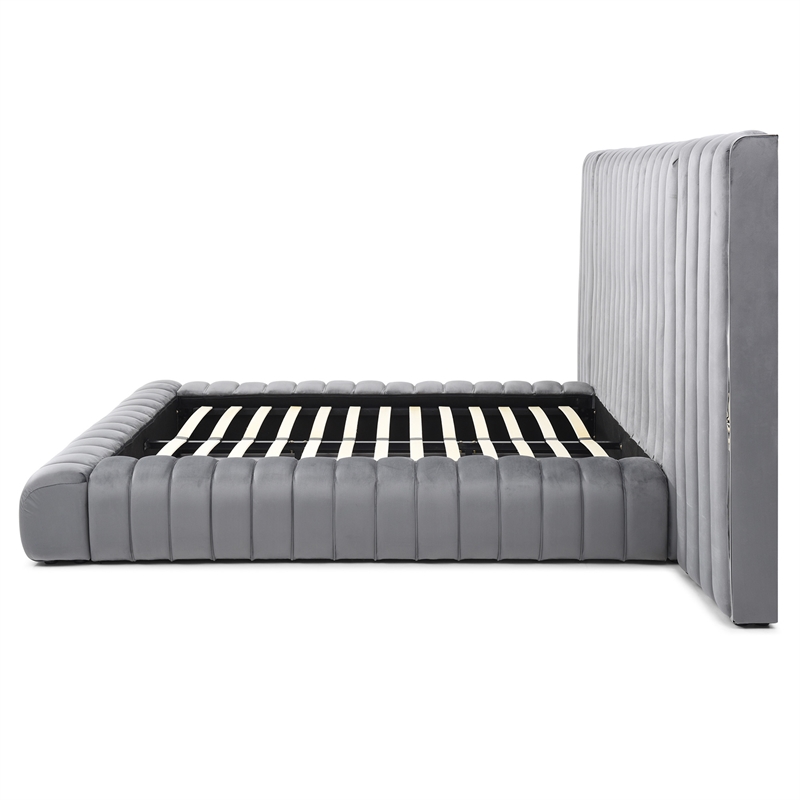 Avalon Velvet Upholstered Queen Platform Bed with Wings in Gray