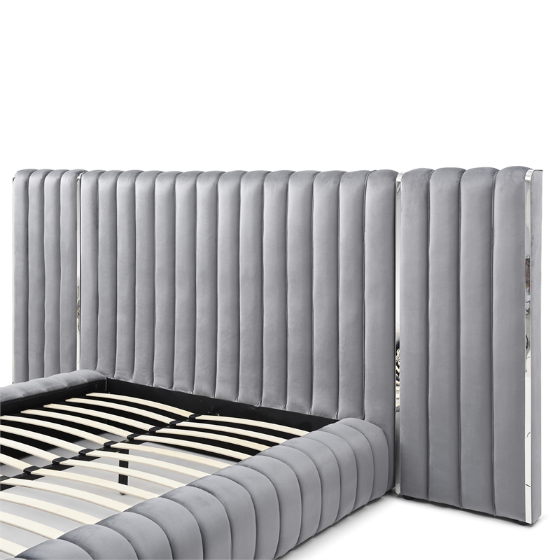 Avalon Velvet Upholstered Queen Platform Bed with Wings in Gray