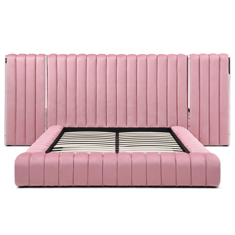 Avalon Velvet Upholstered King Platform Bed with Wings in Pink