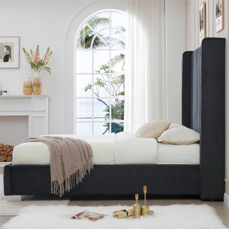 Jeffrey Queen Size Velvet Upholstered Bed Frame in Black