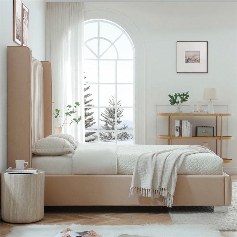 Jeffrey Queen Size Velvet Upholstered Bed Frame In Camel