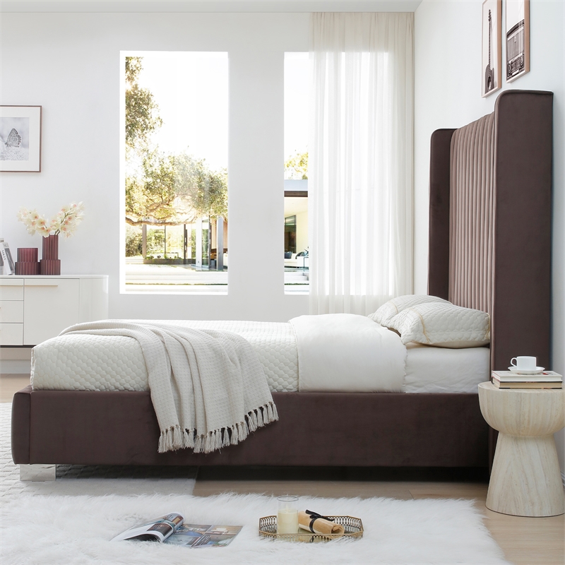 Jeffrey Queen Size Velvet Upholstered Bed Frame in Dark Brown