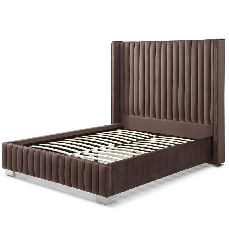 Jeffrey Queen Size Velvet Upholstered Bed Frame in Dark Brown
