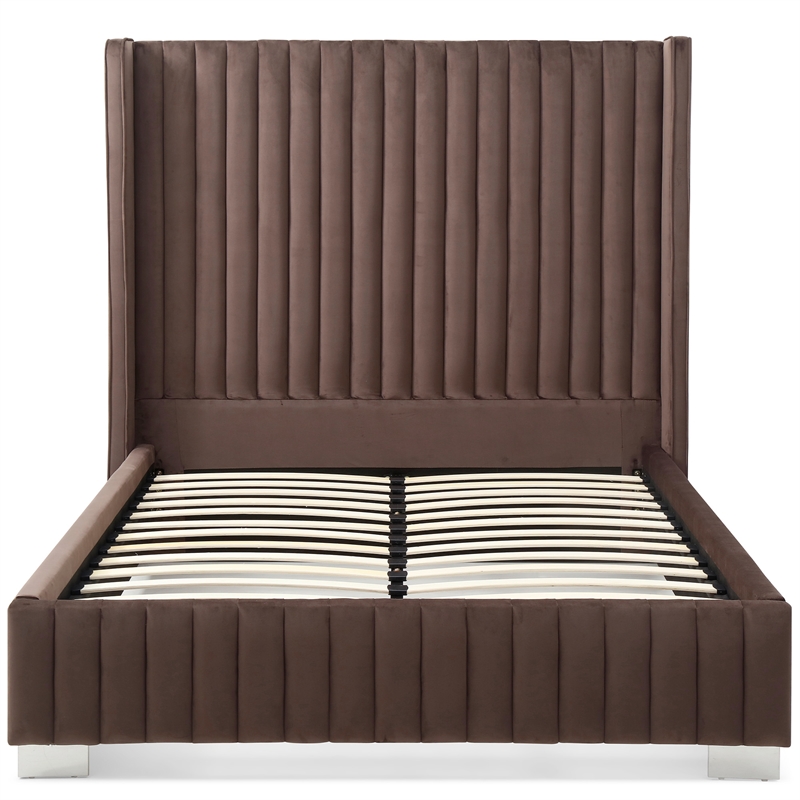 Jeffrey Queen Size Velvet Upholstered Bed Frame in Dark Brown