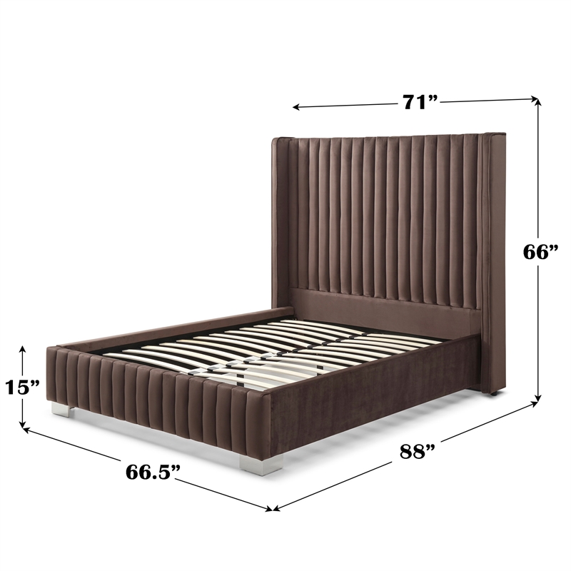 Jeffrey Queen Size Velvet Upholstered Bed Frame in Dark Brown