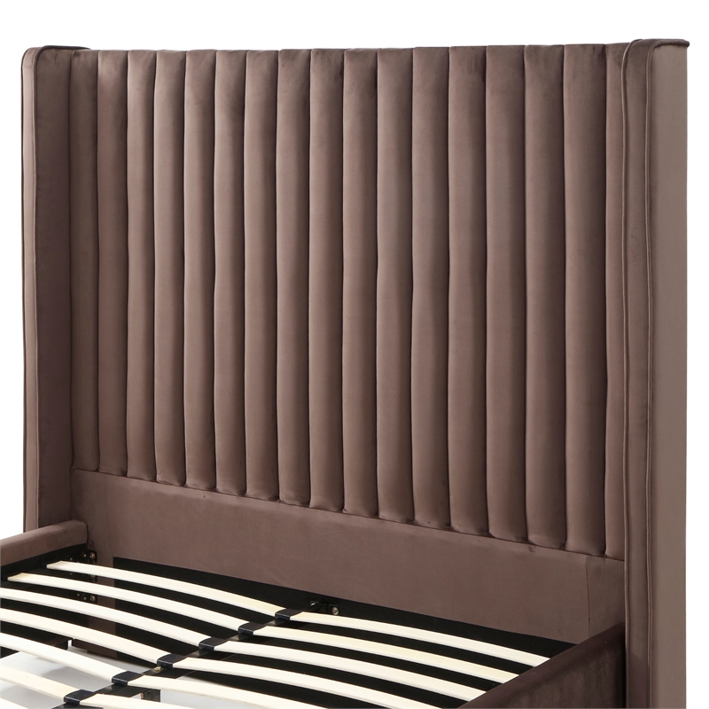 Jeffrey Queen Size Velvet Upholstered Bed Frame in Dark Brown