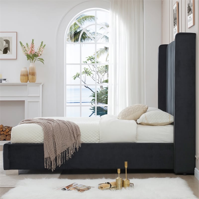 Jeffrey King Size Velvet Upholstered Bed Frame in Black