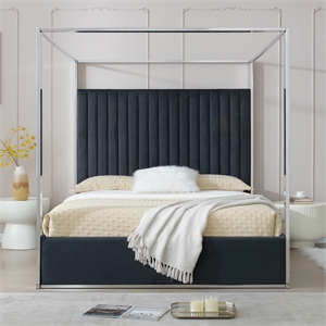 Jeffrey Canopy Velvet Upholstered Queen Bed Frame In Black