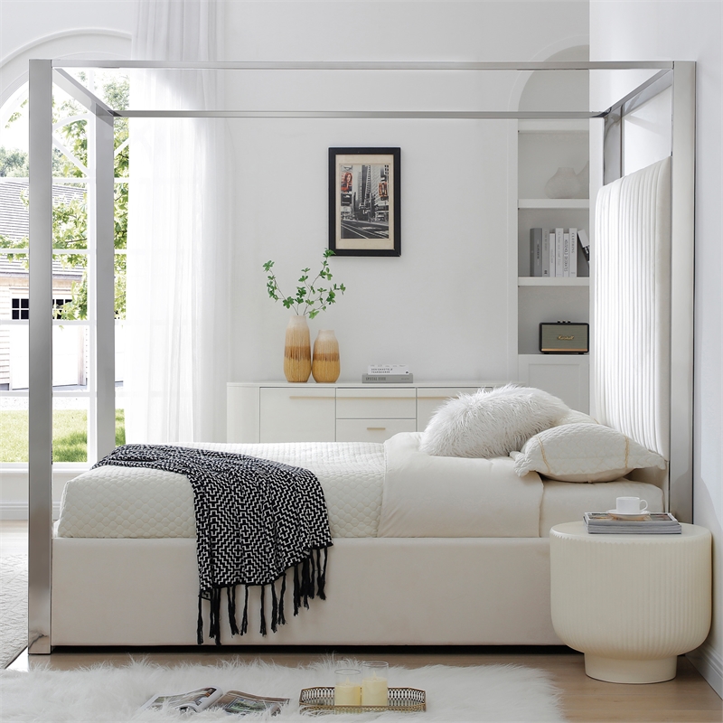 Jeffrey Canopy Velvet Upholstered Queen Bed Frame In Cream