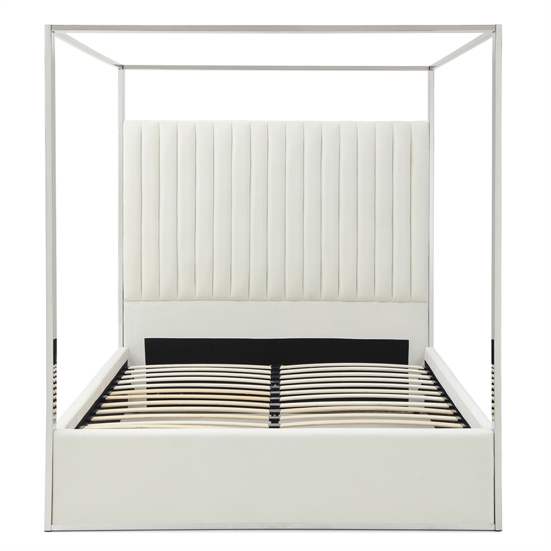 Jeffrey Canopy Velvet Upholstered Queen Bed Frame In Cream