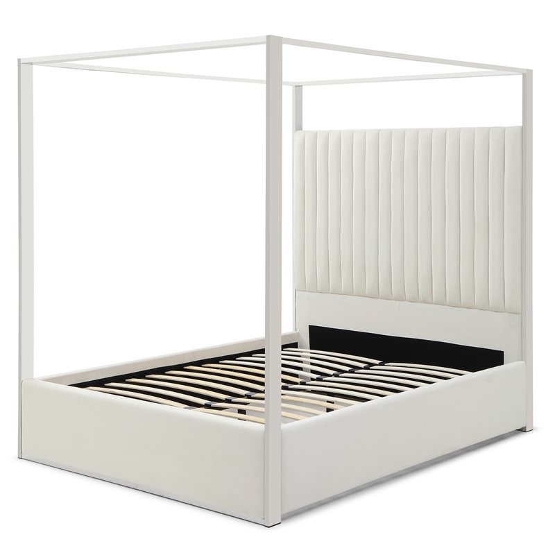 Jeffrey Canopy Velvet Upholstered Queen Bed Frame In Cream