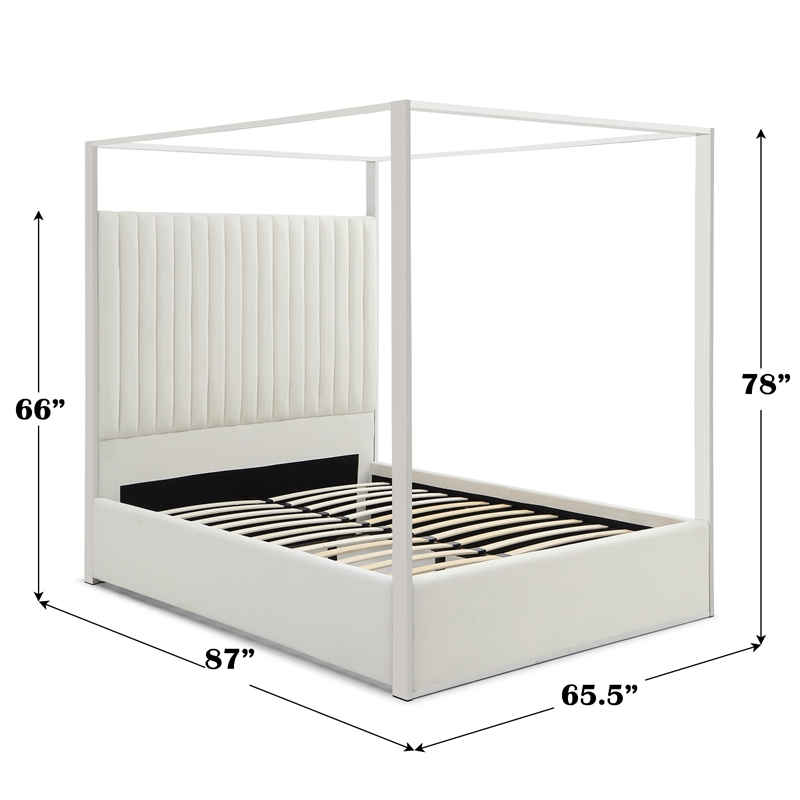 Jeffrey Canopy Velvet Upholstered Queen Bed Frame In Cream