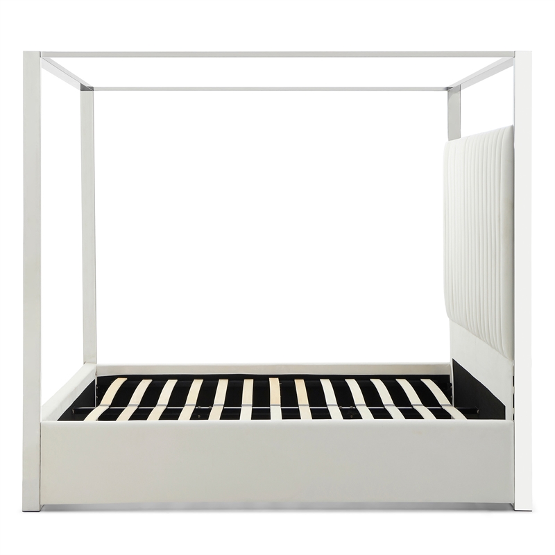 Jeffrey Canopy Velvet Upholstered Queen Bed Frame In Cream
