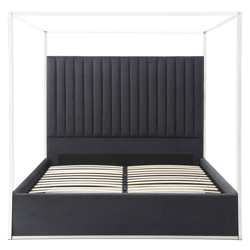 Jeffrey Canopy Velvet Upholstered King Bed Frame In Black