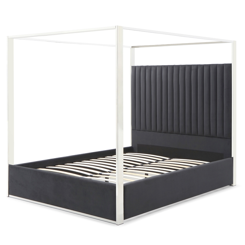 Jeffrey Canopy Velvet Upholstered King Bed Frame In Black