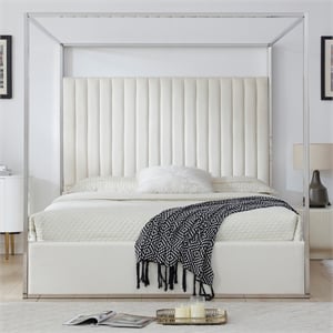 Jeffrey Canopy Velvet Upholstered King Bed Frame In Cream