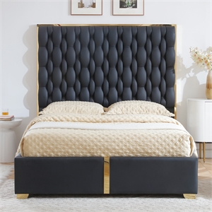 Rollie Vegan Leather Upholstered Queen Bed Frame In Black