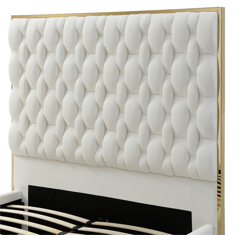 Rollie Vegan Leather Upholstered Queen Bed Frame In Cream
