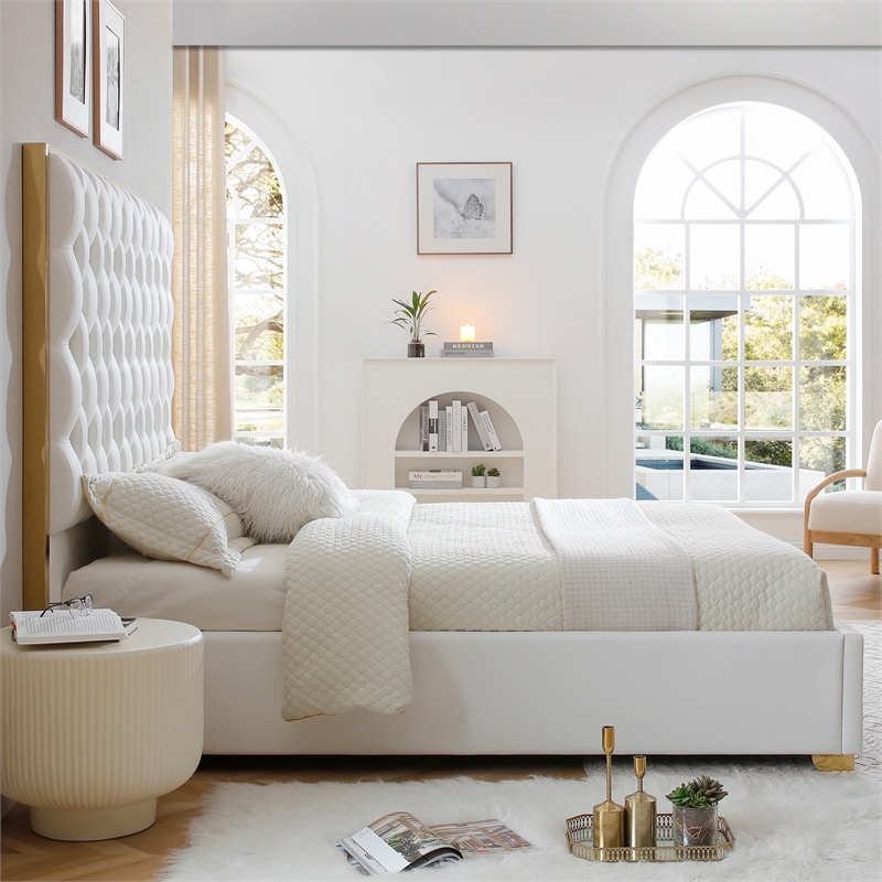 Rollie Vegan Leather Upholstered King Bed Frame In Cream