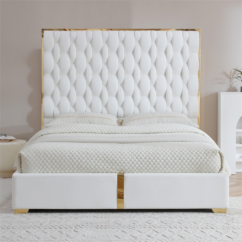 Rollie Vegan Leather Upholstered King Bed Frame In Cream
