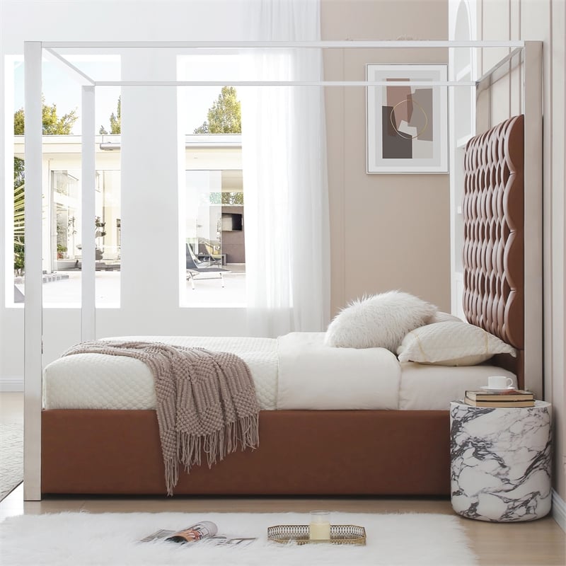 Rollie Canopy Vegan Leather Upholstered Queen Bed Frame In Brown
