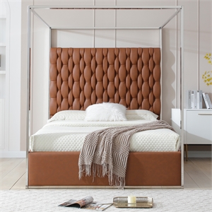 Rollie Canopy Vegan Leather Upholstered Queen Bed Frame In Brown