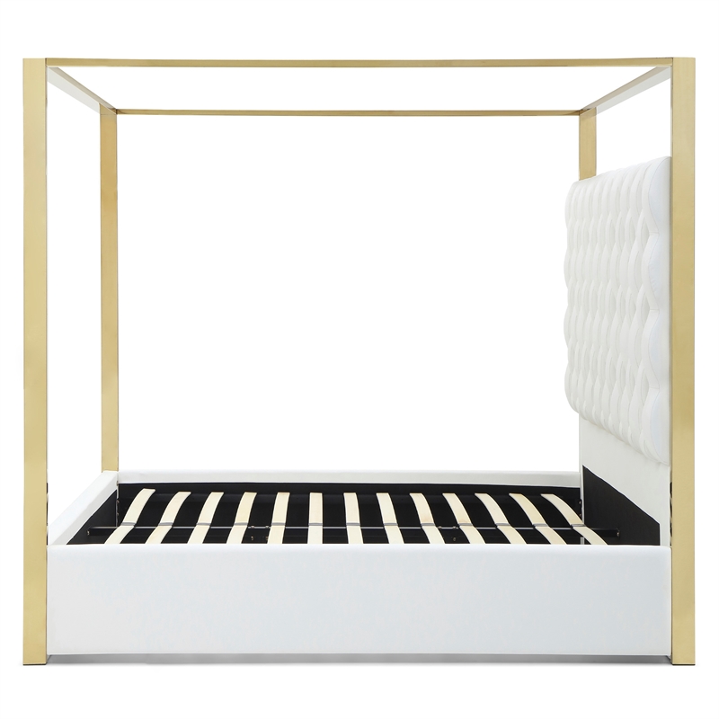 Rollie Canopy Vegan Leather Upholstered Queen Bed Frame In Cream