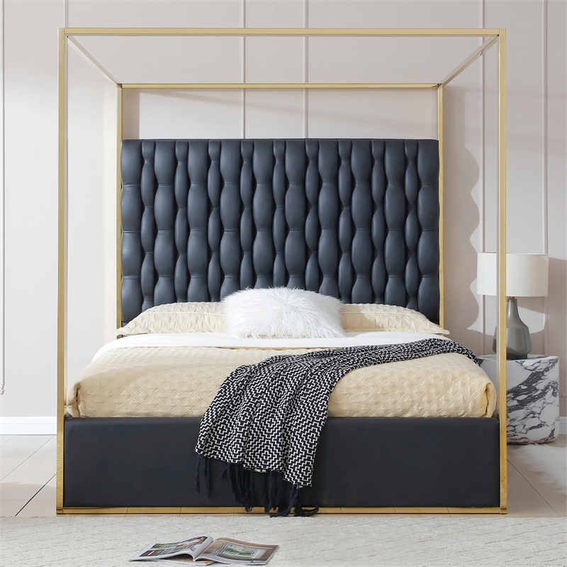 Rollie Canopy Vegan Leather Upholstered King Bed Frame In Black