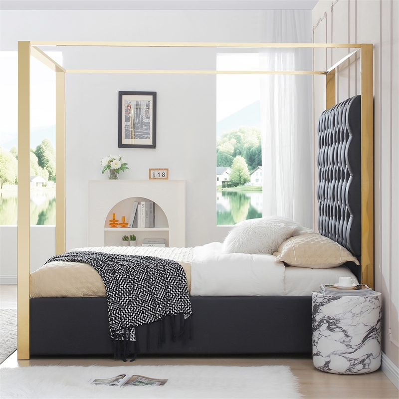 Rollie Canopy Vegan Leather Upholstered King Bed Frame In Black
