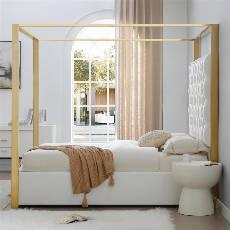 Rollie Canopy Vegan Leather Upholstered King Bed Frame In Cream