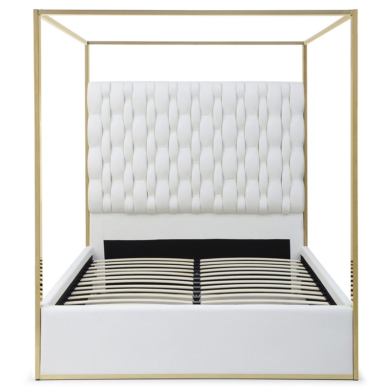 Rollie Canopy Vegan Leather Upholstered King Bed Frame In Cream