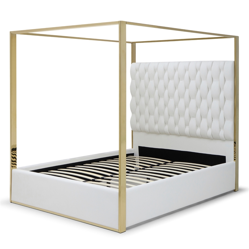 Rollie Canopy Vegan Leather Upholstered King Bed Frame In Cream