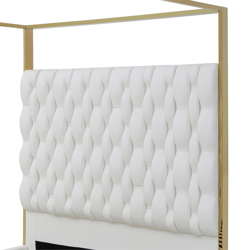 Rollie Canopy Vegan Leather Upholstered King Bed Frame In Cream