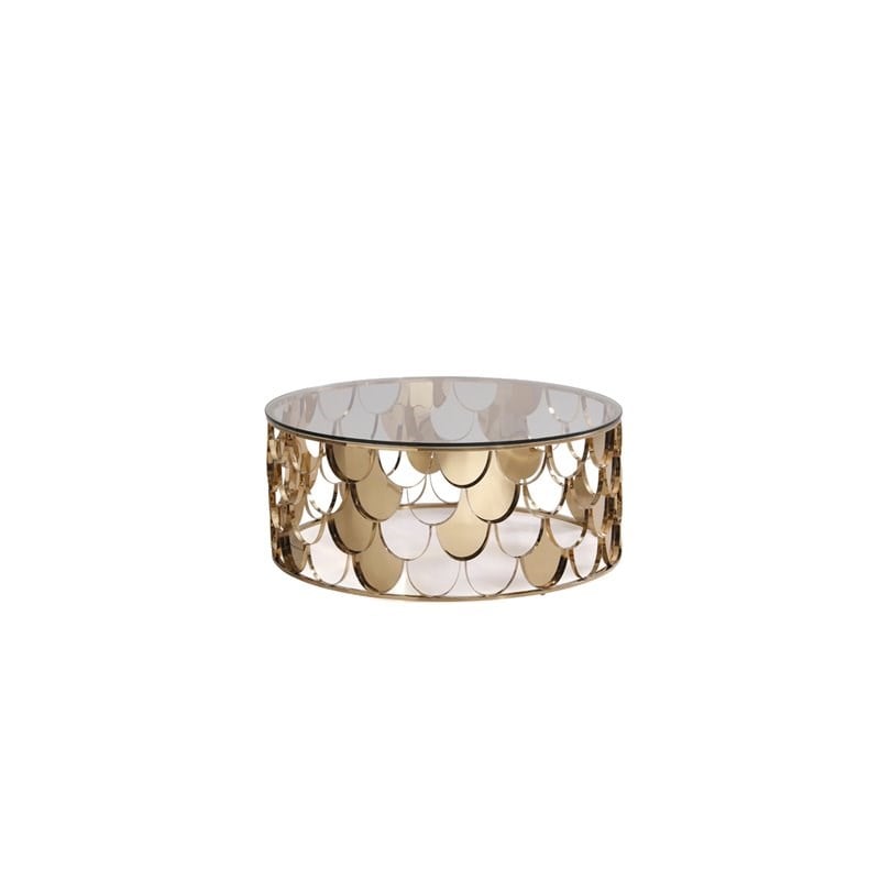 Modrest Javier Round Modern Metal & Glass Coffee Table in Gold & Clear