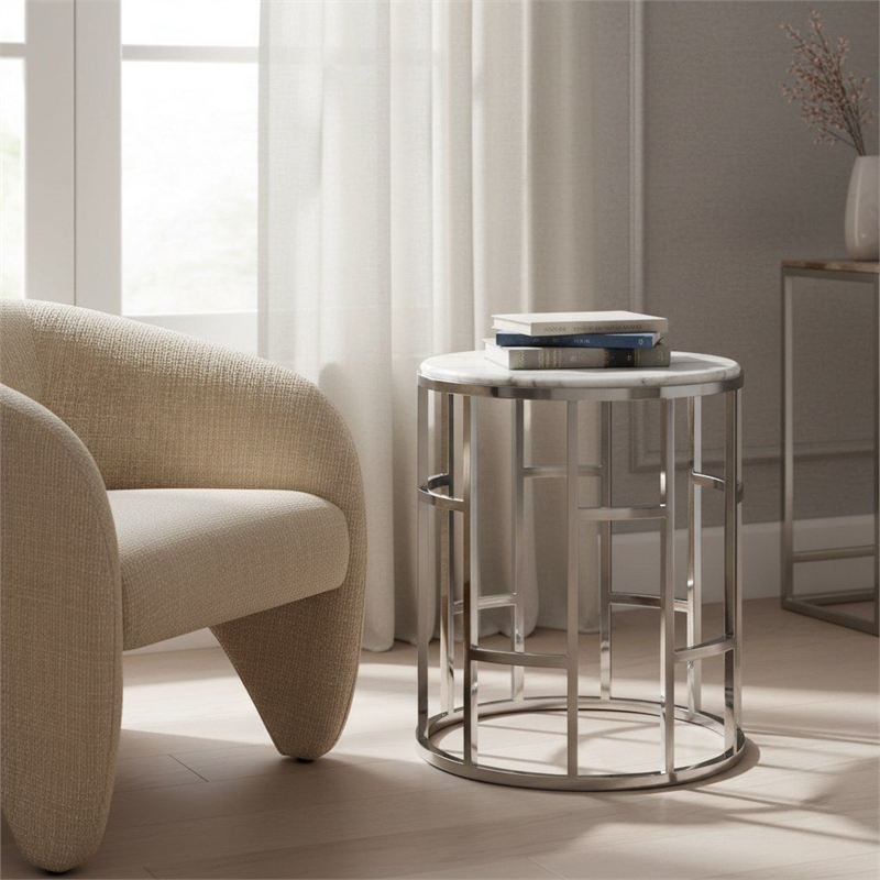 Modrest Silvan Modern Stainless Steel & Marble End Table in White