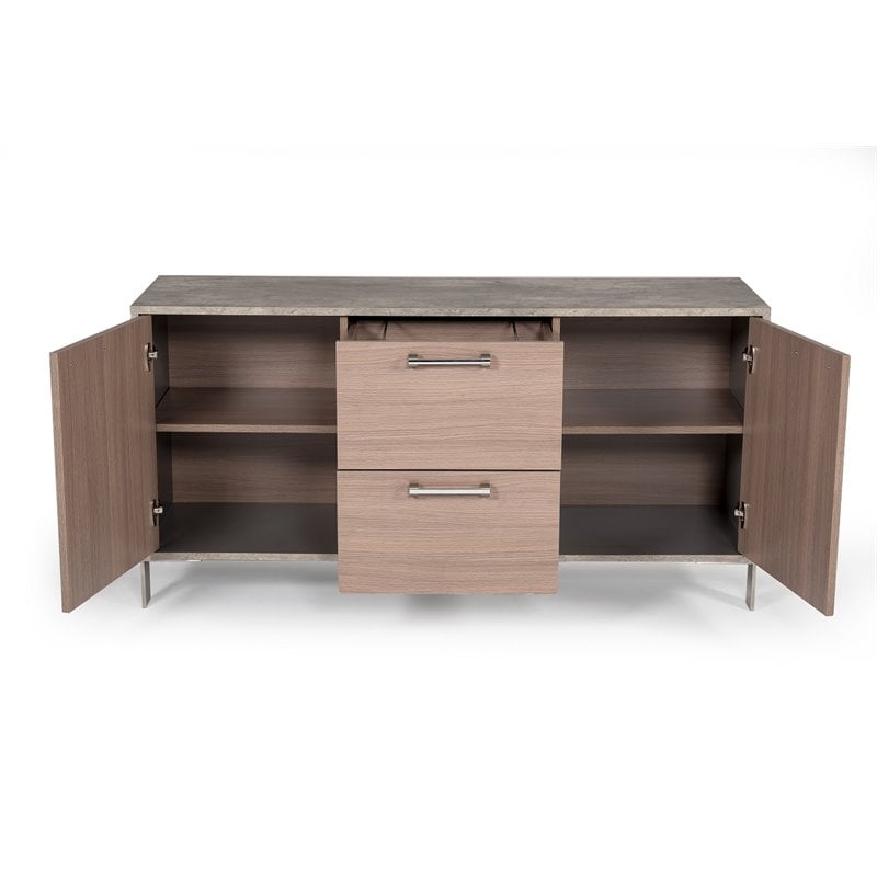 Modrest Boston Stainless Steel & Faux Concrete Office File Cabinet in Brown Oak