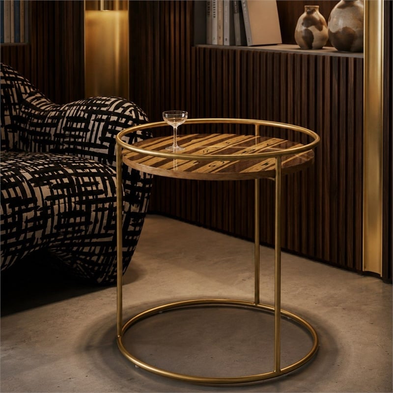 Modrest Gilcrest Stainless Steel & Faux Marble End Table in Brown/Gold