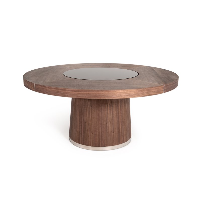 Modrest Houston Round Modern Glass & Wood Veneer Dining Table in Walnut
