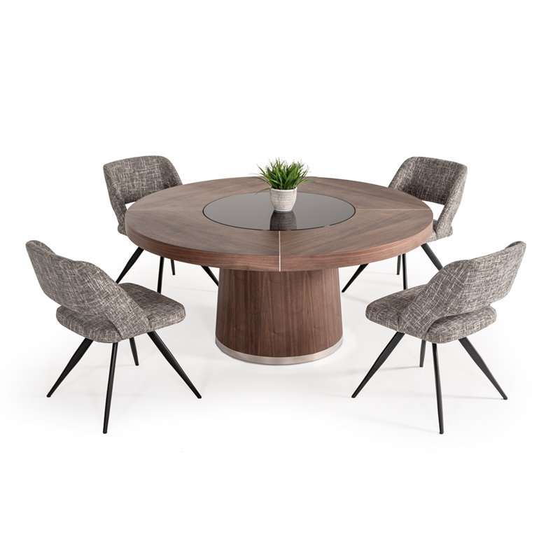 Modrest Houston Round Modern Glass & Wood Veneer Dining Table in Walnut