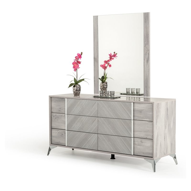 Modrest Alexa Engineered Wood/Glass Rectangle Bedroom Mirror in Light Gray/Clear