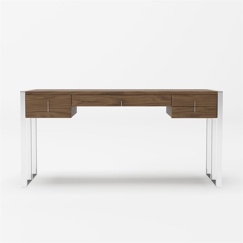 Modrest Orcutt 4-Drawer Modern MDF Wood & Stainless Steel Desk in Walnut