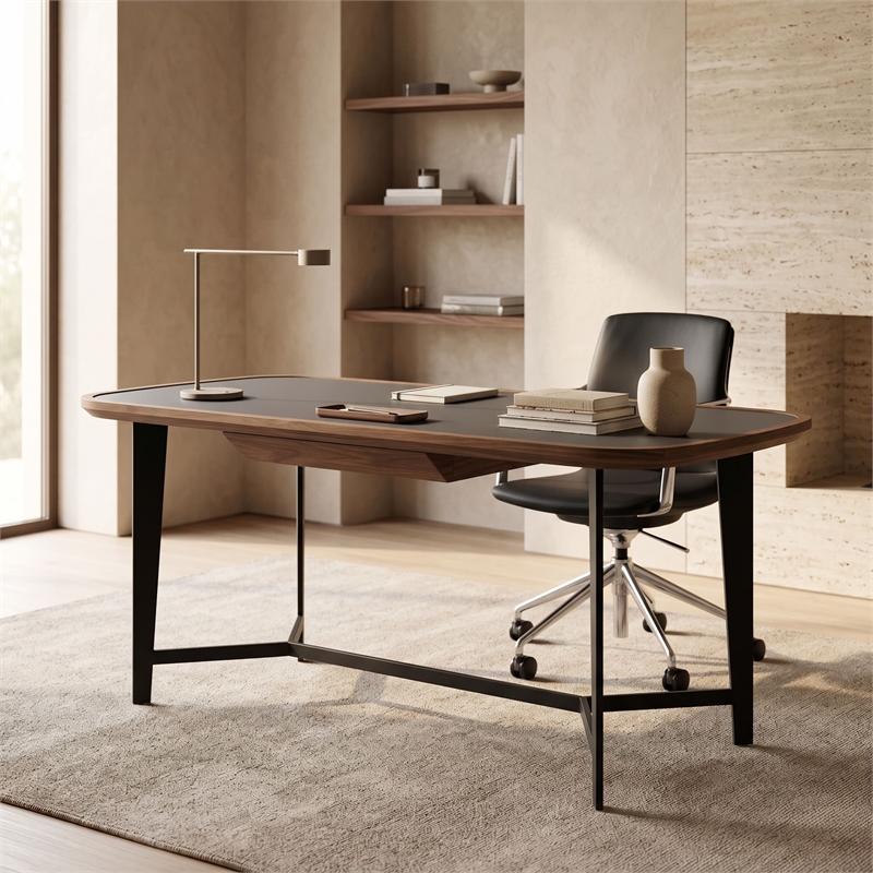 Modrest Girard 1-Drawer Modern Metal & Veneer Desk in Walnut/Black