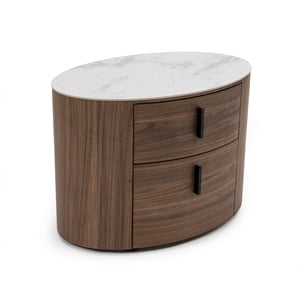 Modrest Chelton Contemporary White Ceramic & Walnut Oval Nightstand