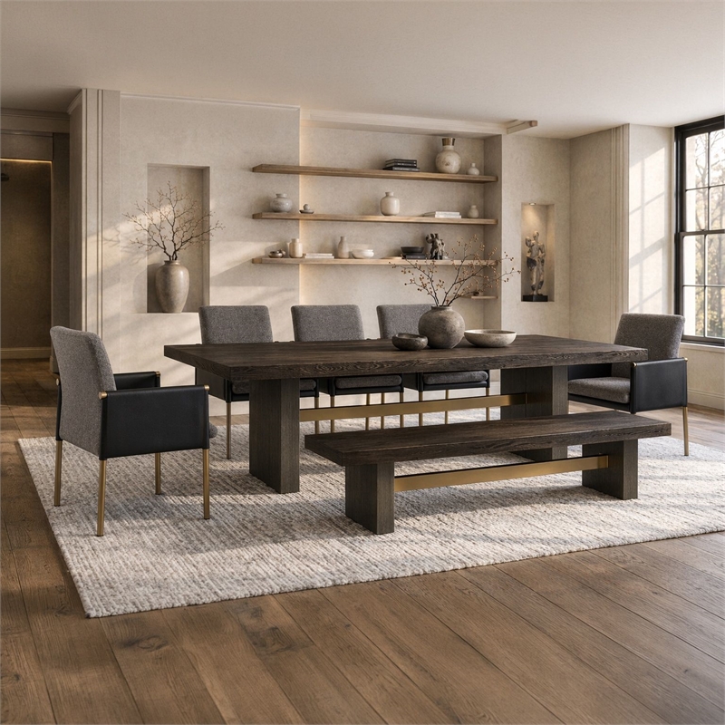 Engel - Modern Dark Grey Vegan Leather + Grey Fabric + Antique Brass Dining Chair